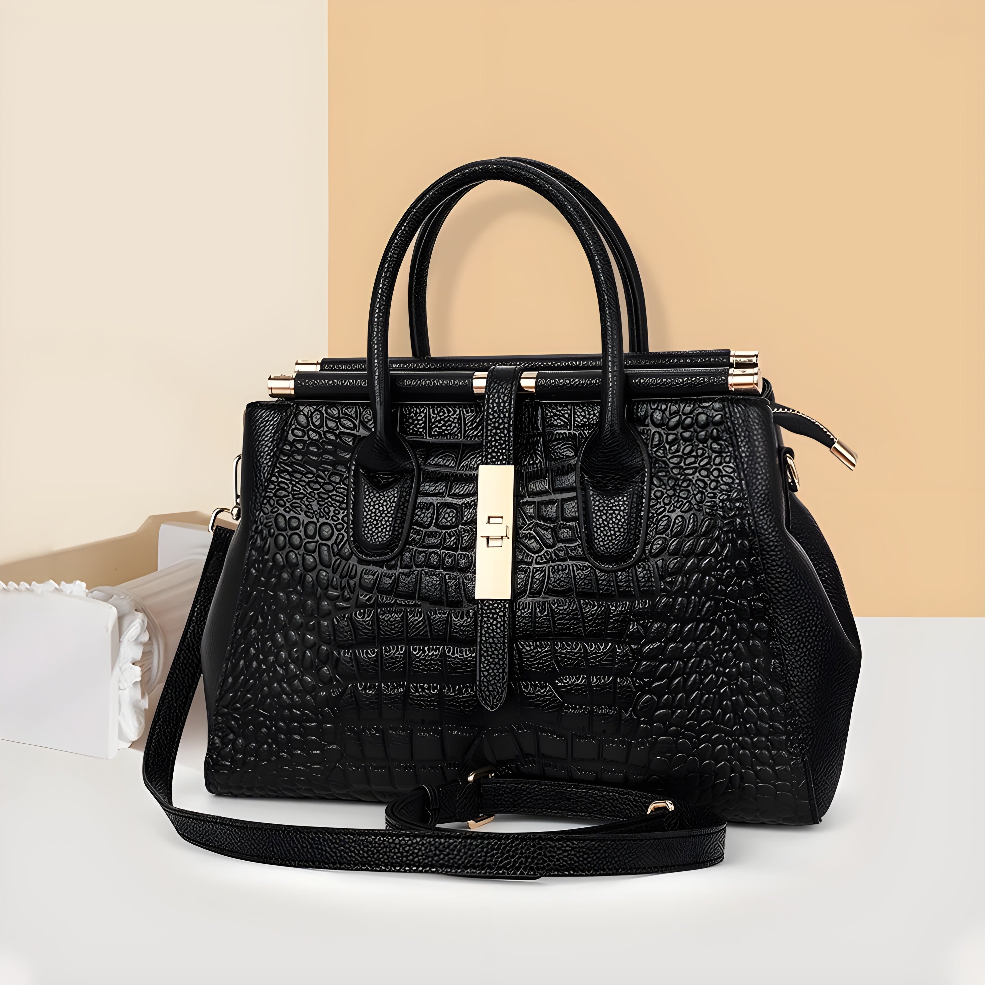 Alligator Texture Leather Tote Bag with Gold Hardware