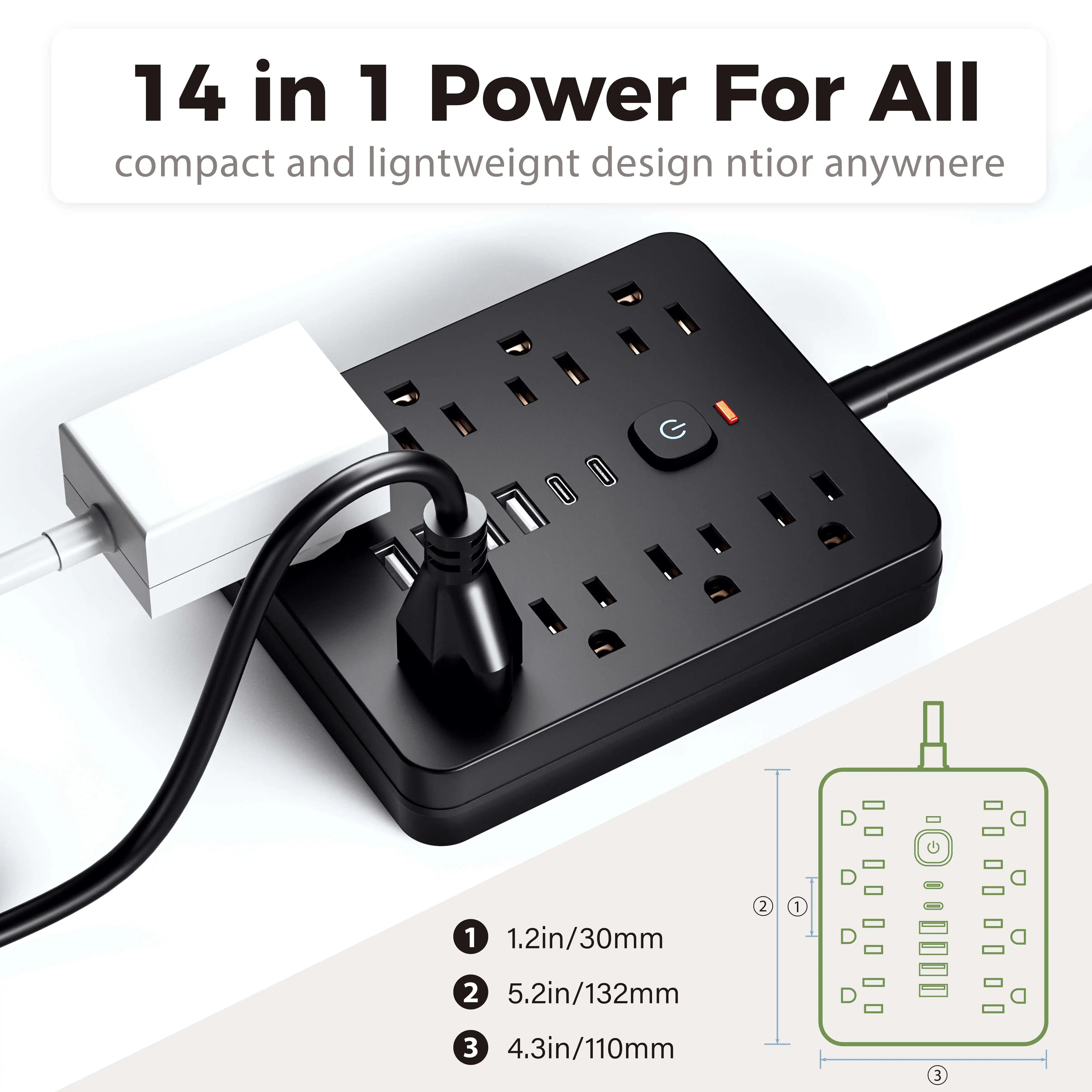 14-in-1 Power Outlet with Surge Protector and USB Ports