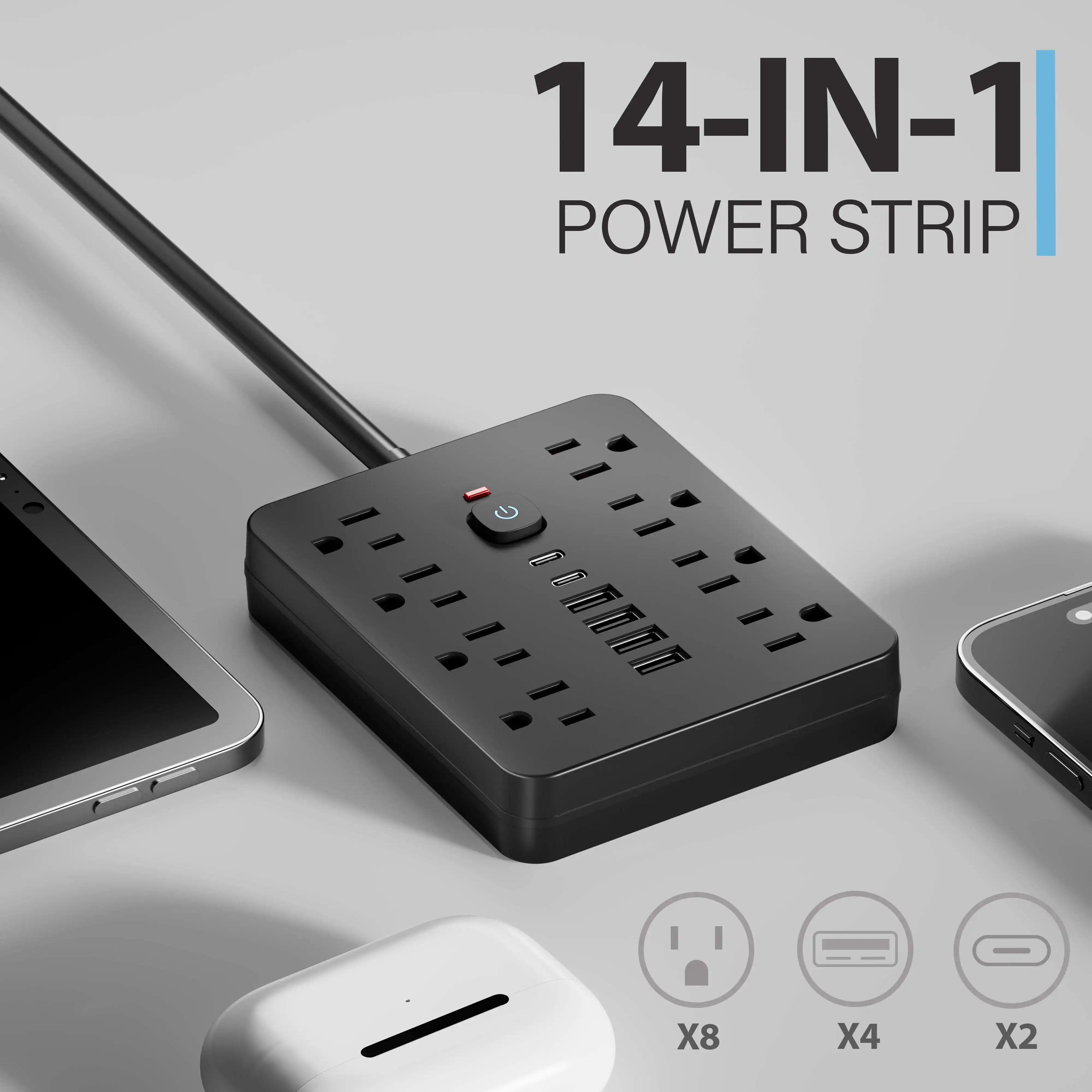 14-in-1 Power Outlet with Surge Protector and USB Ports