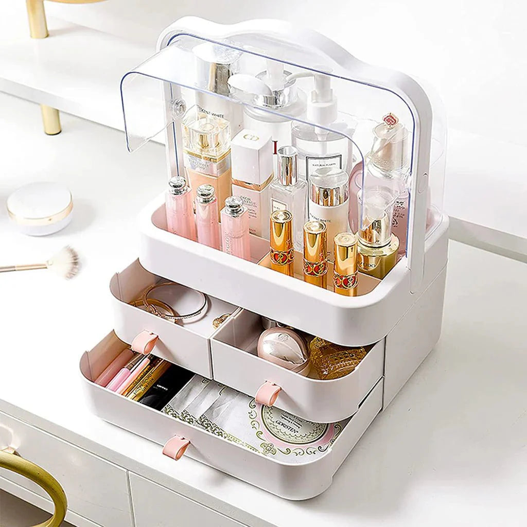 Cosmetic Organizer with Lid and Handle for Makeup Storage
