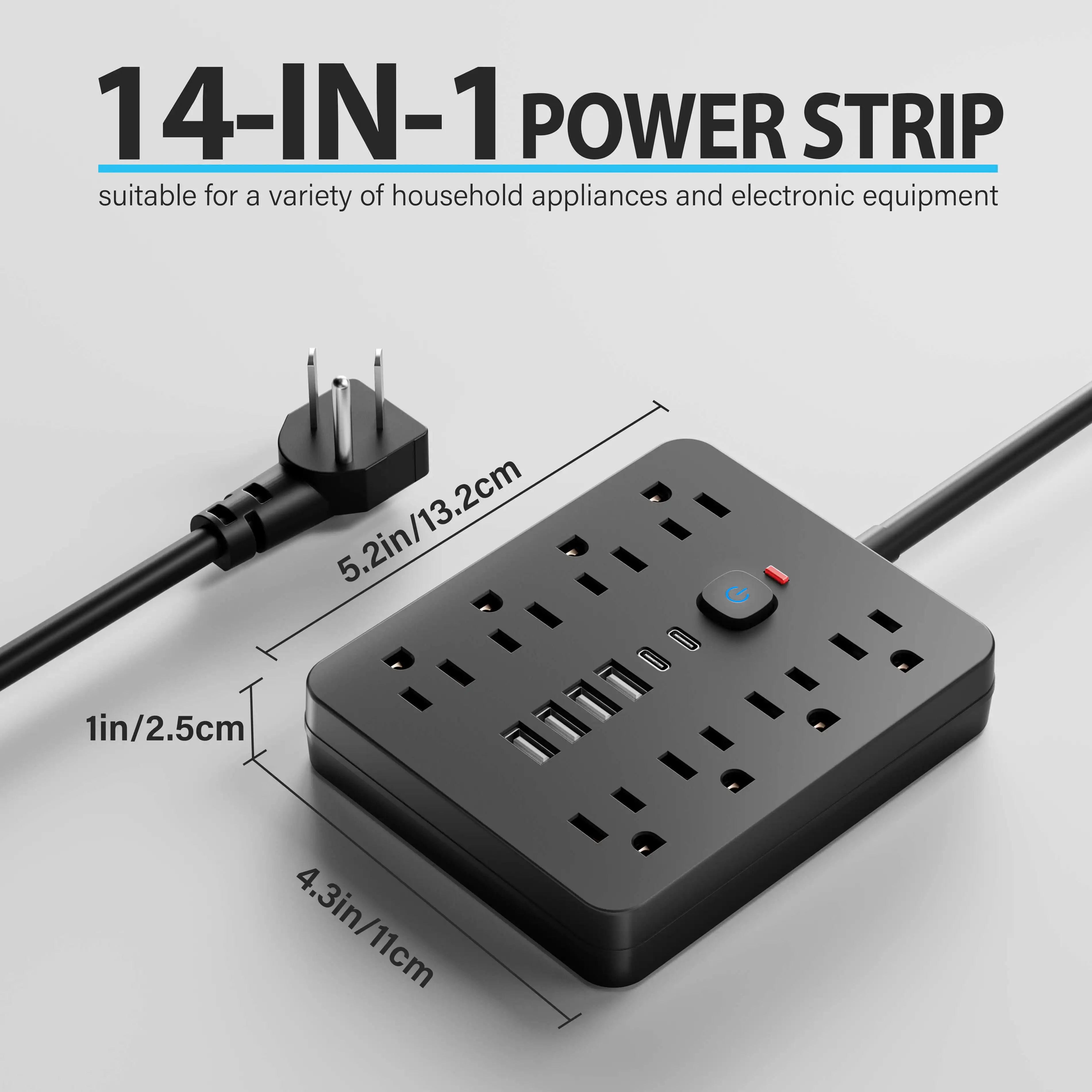 14-in-1 Power Outlet with Surge Protector and USB Ports