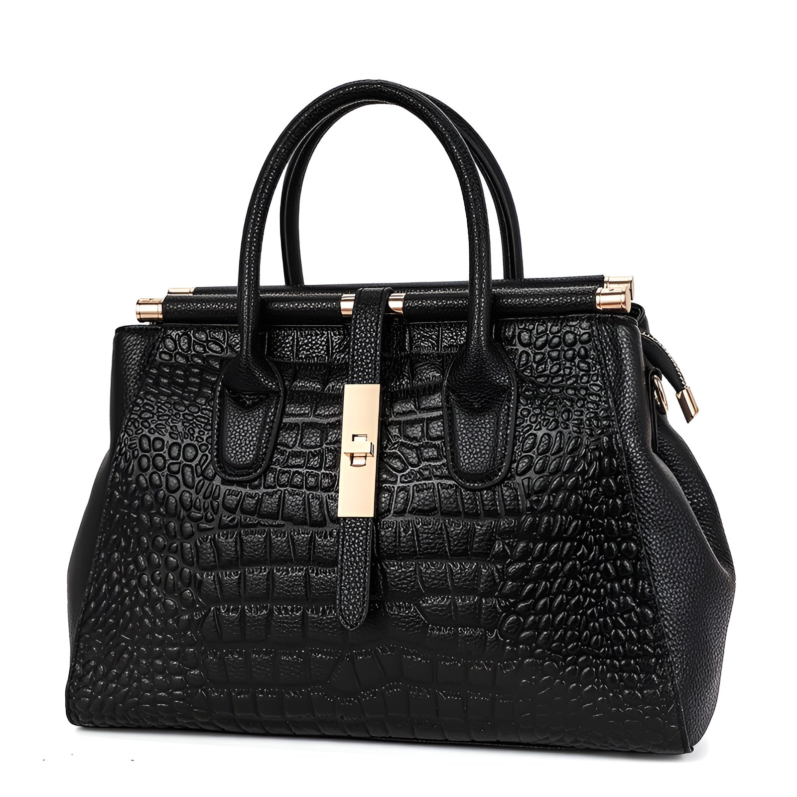 Alligator Texture Leather Tote Bag with Gold Hardware