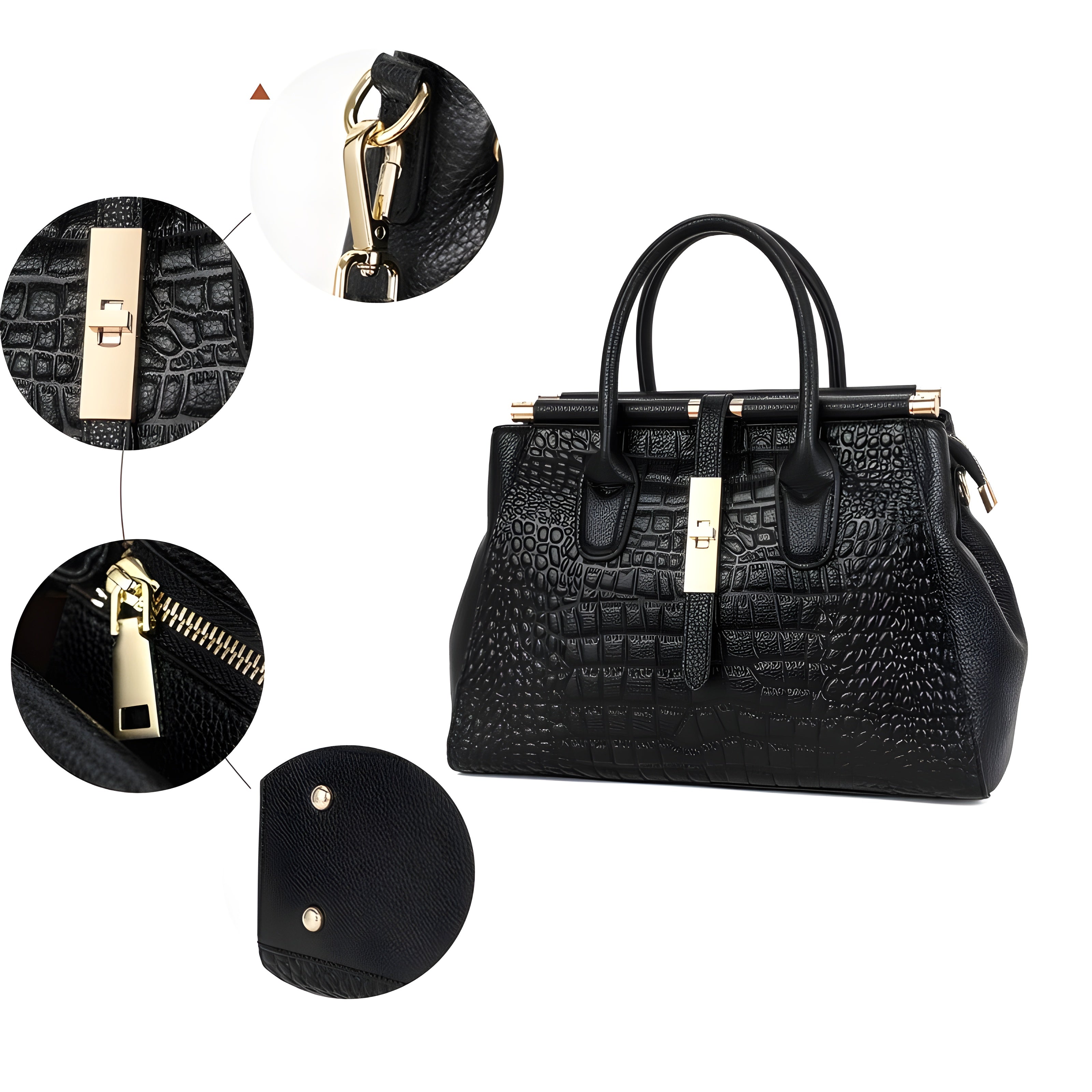 Alligator Texture Leather Tote Bag with Gold Hardware