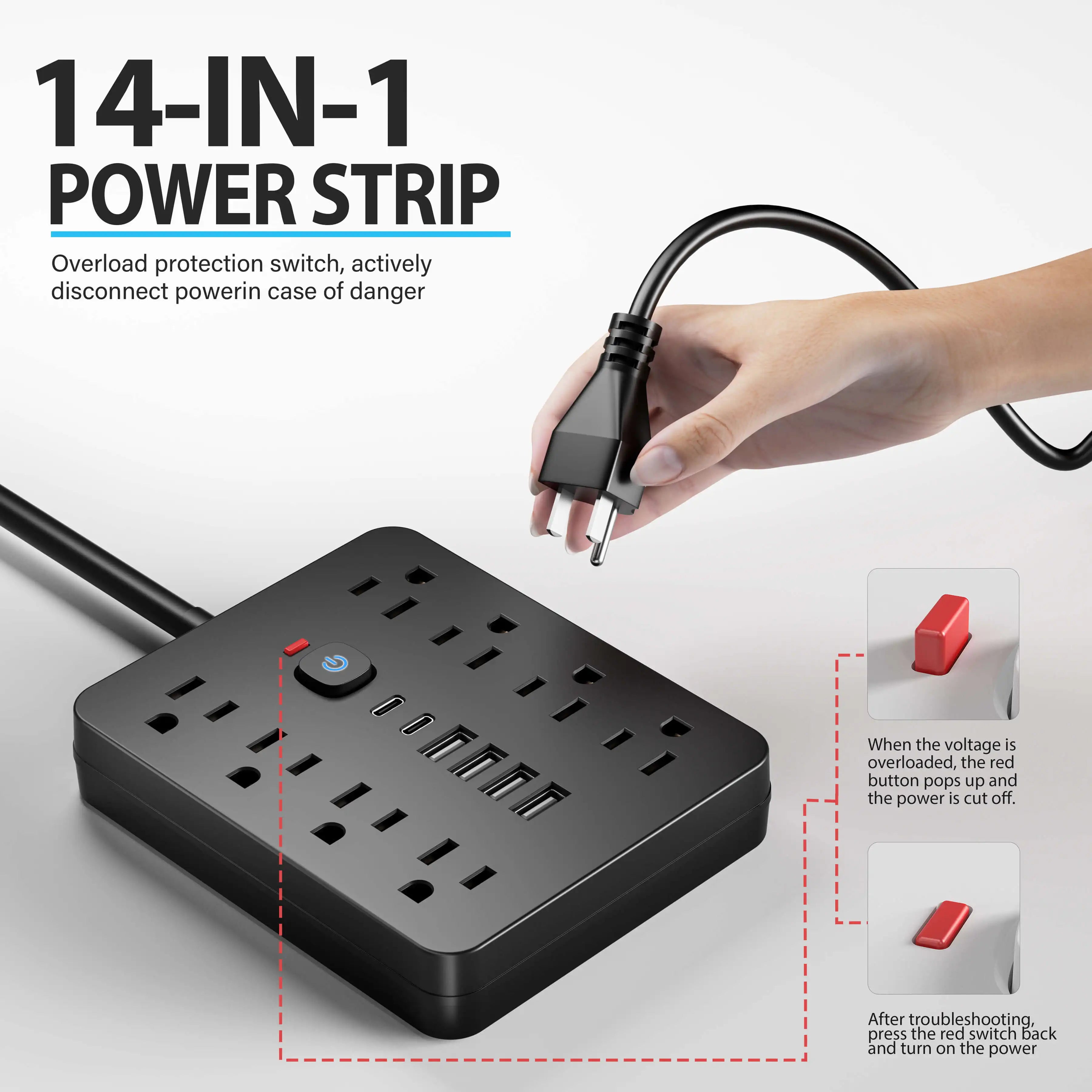 14-in-1 Power Outlet with Surge Protector and USB Ports