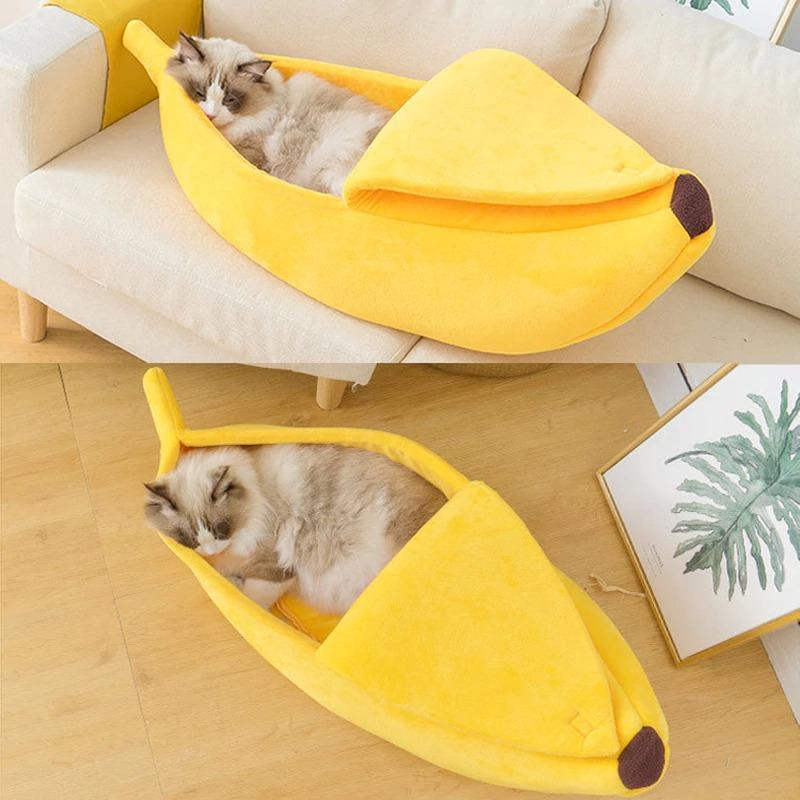 Banana-Shaped Cat Bed with Soft Plush Cushion